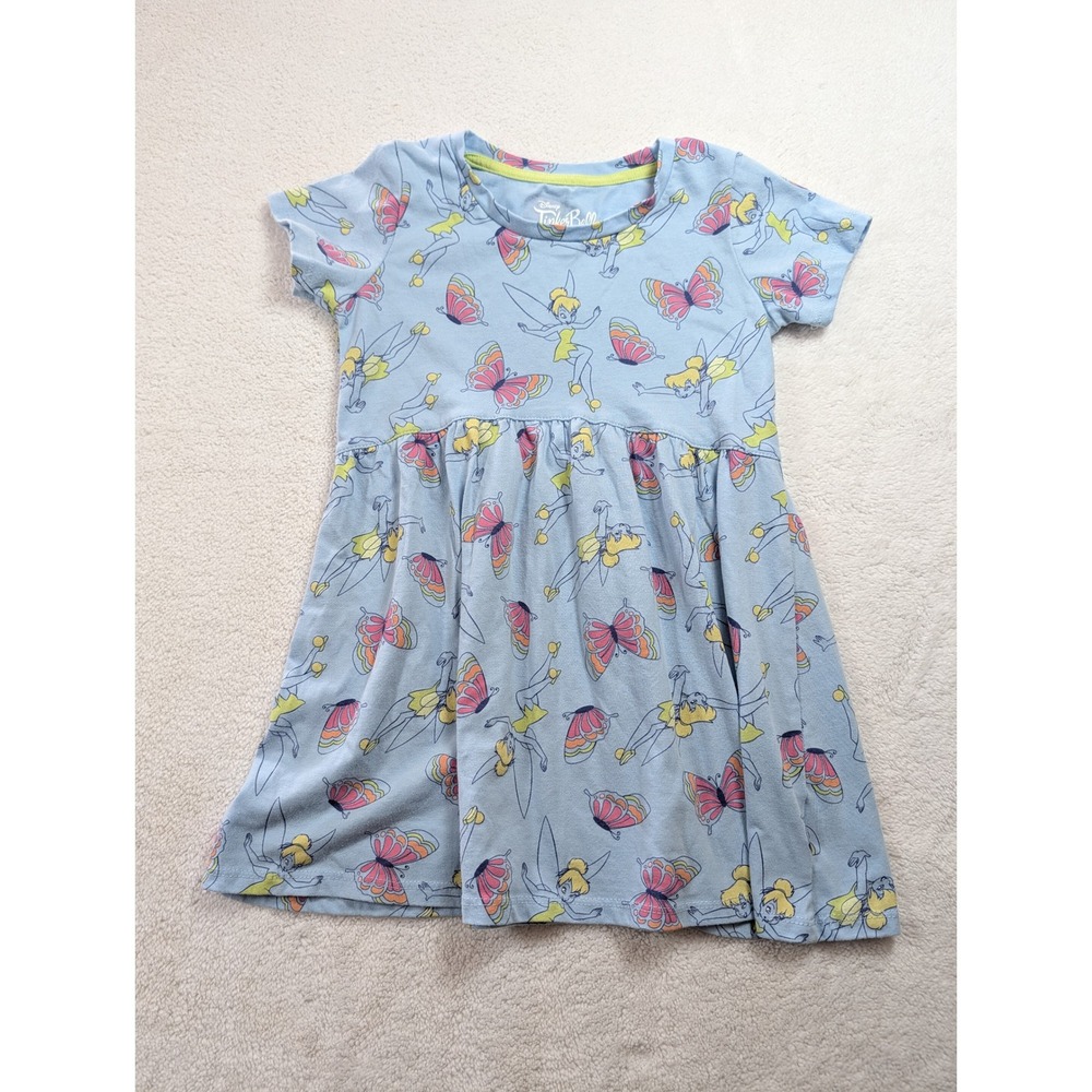 Disney Tinker Bell Blue Butterfly Print Short Sleeve Knit Dress Girls‎ 5T